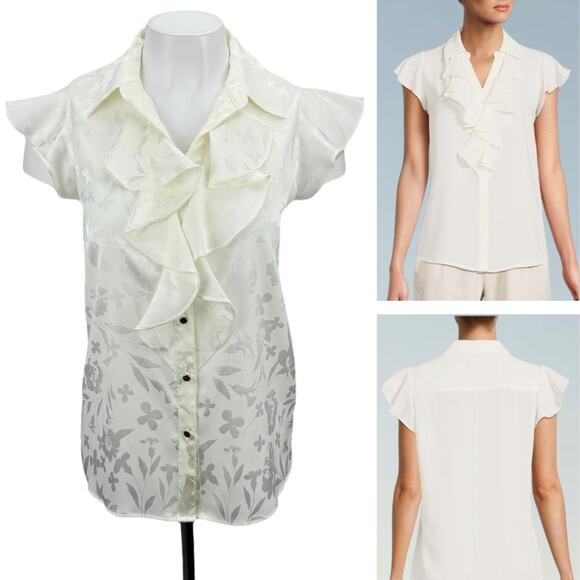 NWT CALVIN KLEIN Floral Ruffle Flutter Sleeves Button Up Top Sz XS Ivory White - Picture 1 of 6